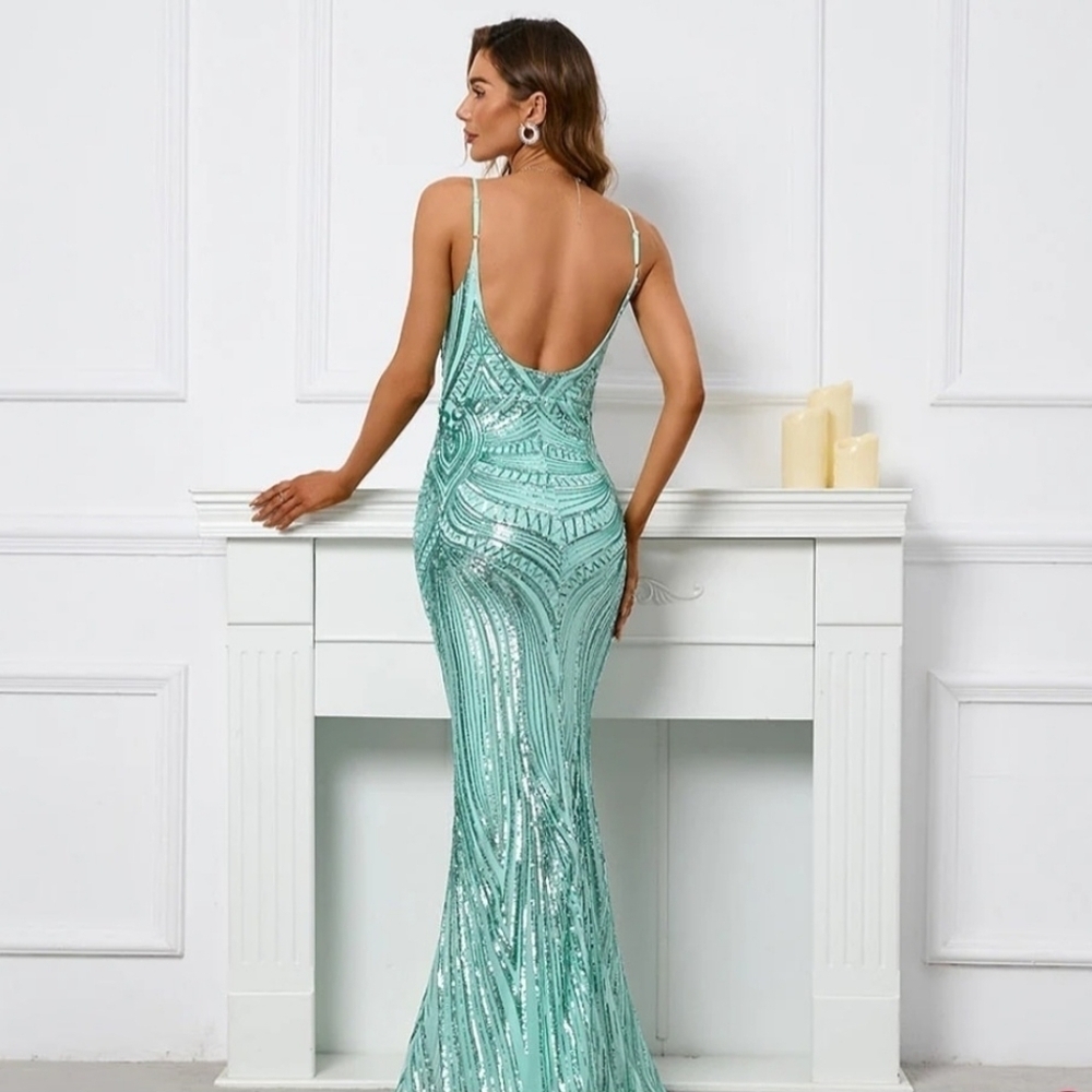 Mint Green, Geo Print, Sleeveless, Beaded Draped Back, Sequined Mermai…CUSTOM - Picture 7 of 16